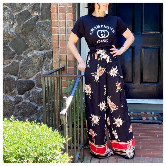 GORGEOUS BLACK FLORAL PRINT WIDE LEG PANTS - Picture 6 of 15